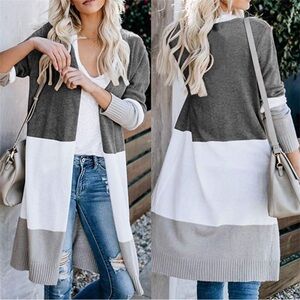 Women's Gray White Striped Colorblock Oversized Open Front Cardigan Sweater XS